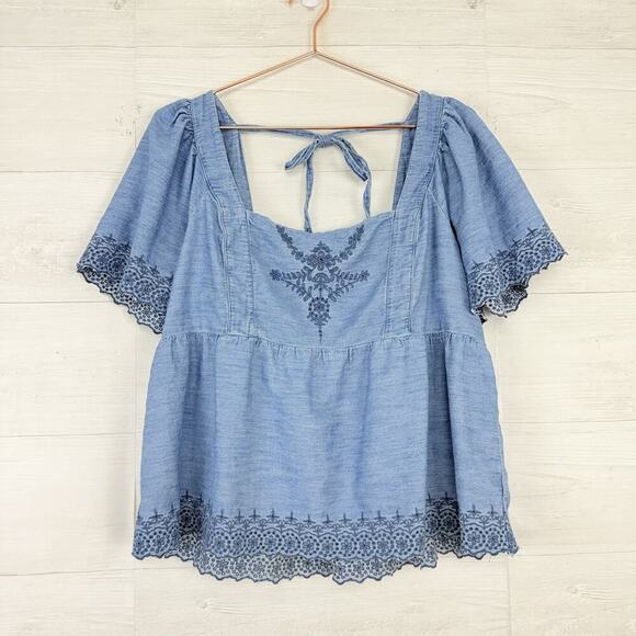 Old Navy Womens XL Chambray Flutter Sleeve Top Blouse Tie Back Boho Square Neck - Picture 15 of 15
